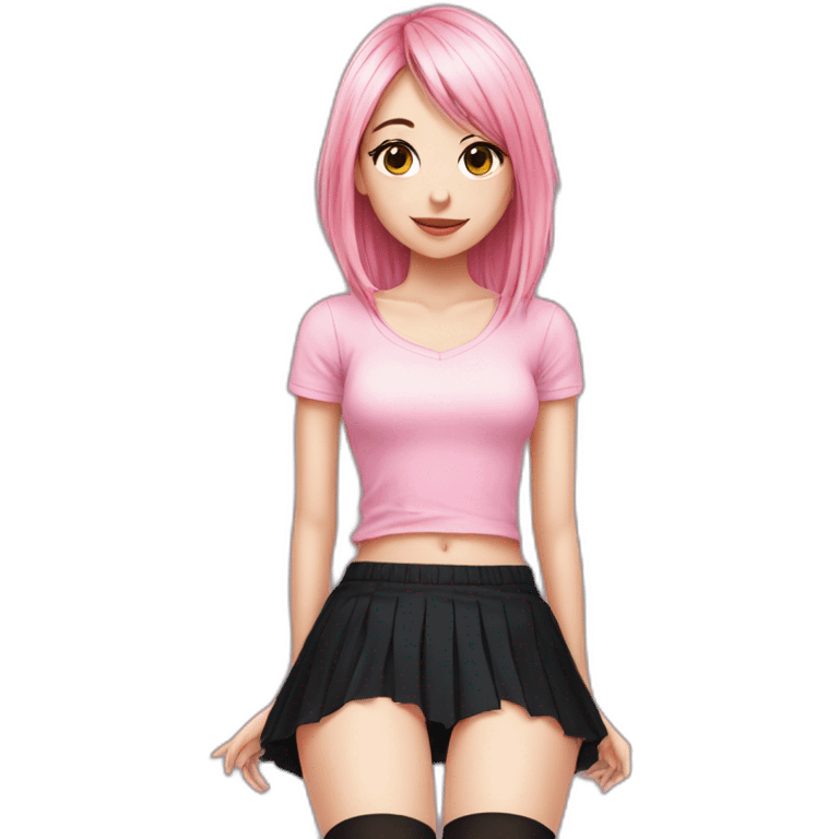 full body Front view emo girl sits on the floor black skirt pink knickers emoji