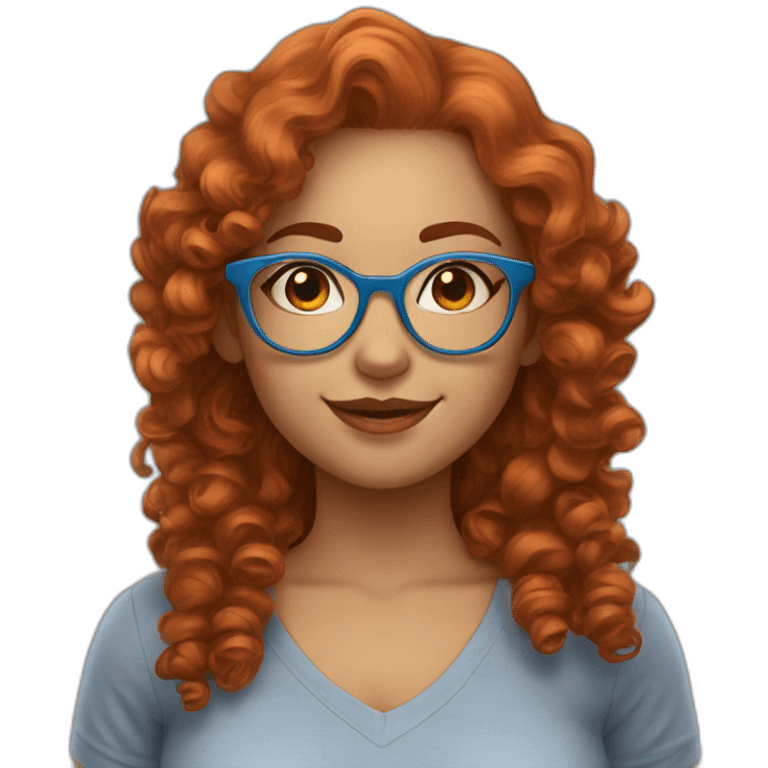 pretty curvy girl with curly copper hair and blue glasses saying hola emoji