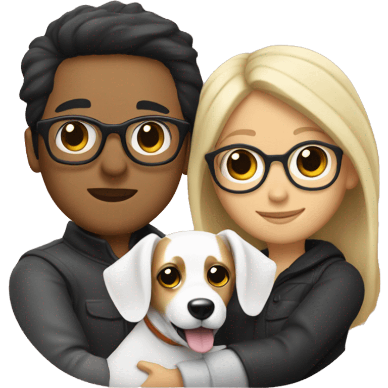 A couple cuddling a jack Russell, the men have black hair and glasses and the woman is blonde but without glasses  emoji