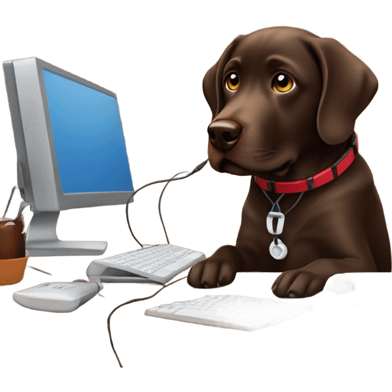 Chocolate lab working on computer with small headset , food on desk emoji