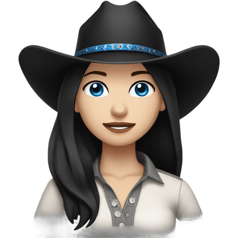 Blue eyes, cowgirl, pale skin, black hair, black cowgirl hat emoji