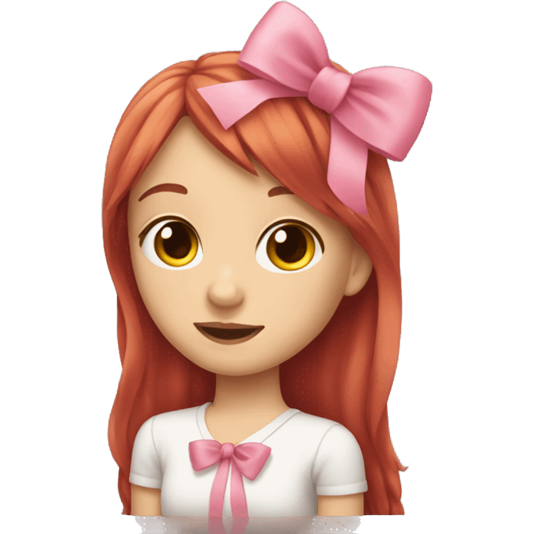 girl with long red hair, bangs and a pink bow in it emoji