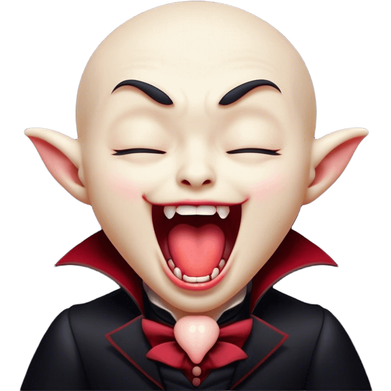 Cinematic Cute Yawning Vampire Portrait Emoji, with a small, rounded, charming pale face accented with tiny playful fangs and droopy, half-closed eyes, head tilted in an adorable wide yawn, dressed in miniature elegant dark attire with a hint of crimson, simplified yet irresistibly endearing, highly detailed with a soft, mysterious glow and gentle outline that captures the cute, drowsy side of an immortal! emoji