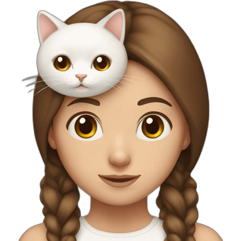 Brown hair girl with white cat on head emoji