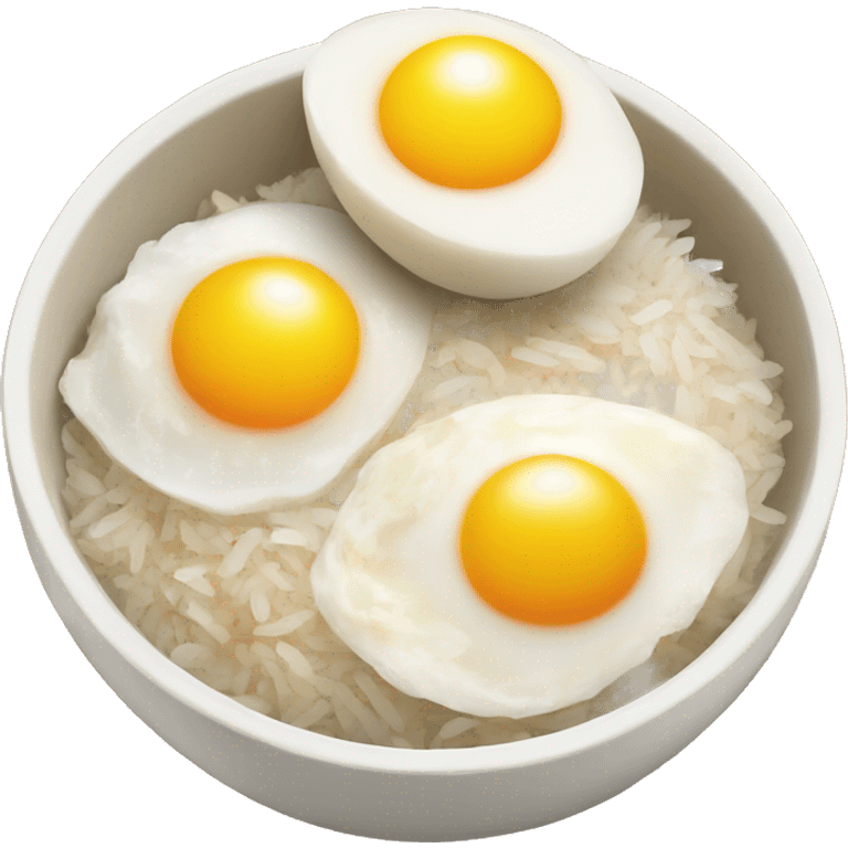 a bowl of rice with two eggs and two chicken emoji