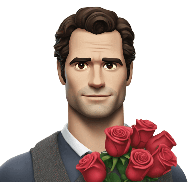 realistic photo of Henry Cavill holding roses and chocolates emoji