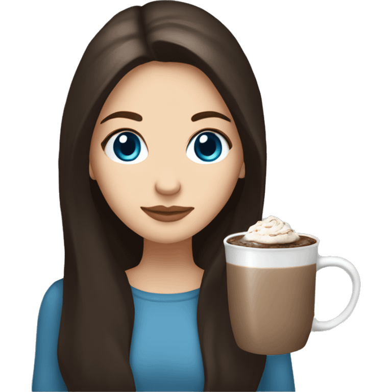 white girl with dark brown long hair, blue eyes, and a hot chocolate emoji