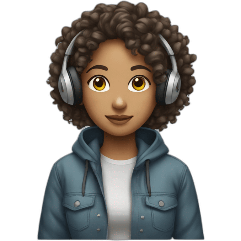 A curly-haired girl with headphones, a hoodie and earrings emoji