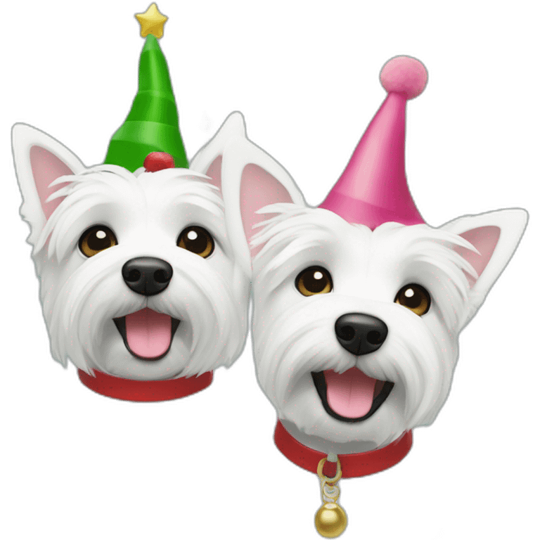 Two westie dogs, one female with pink ears and red collar, one male with black ears, green collar.  Both celebrating christmas emoji