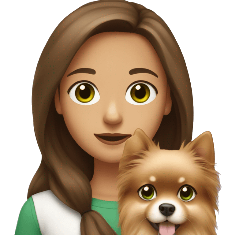 Girl with long brown hair and green eyes holding a Pomeranian dog emoji