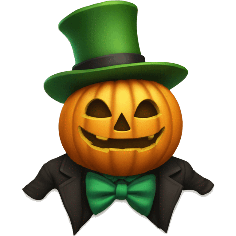 human-like pumpkin, with green arms, brown legs, black tophat, jack o lamtern face with monocle, green bow tie. emoji