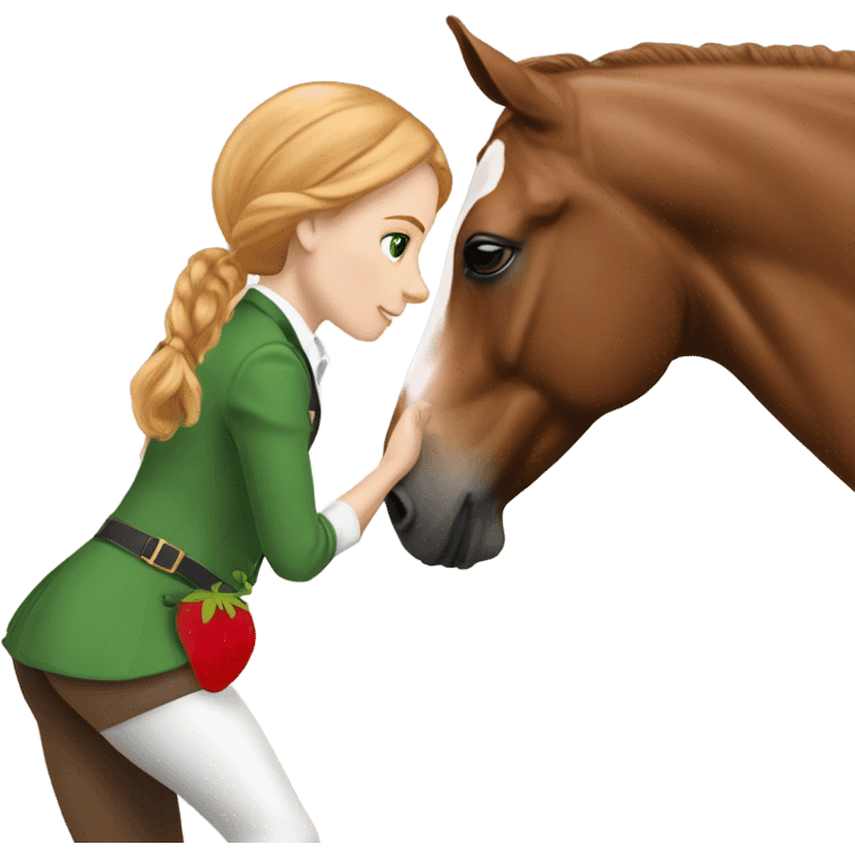 White teen girl with green eyes and medium length strawberry blonde hair wearing nice English riding attire giving a treat to a brown and white paint horse emoji