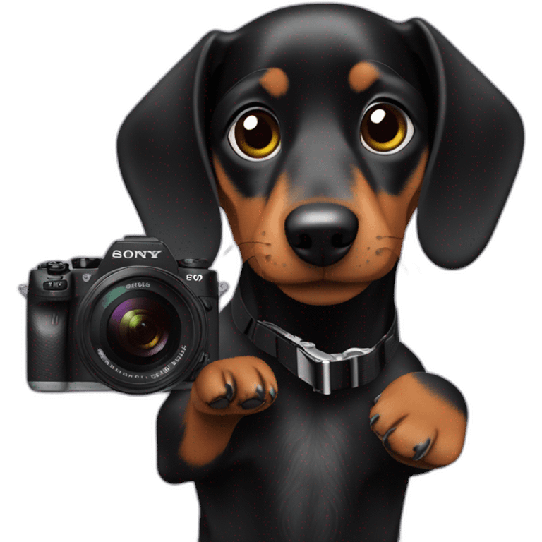 a black dachshund dog holds a SONY camera in its paws emoji