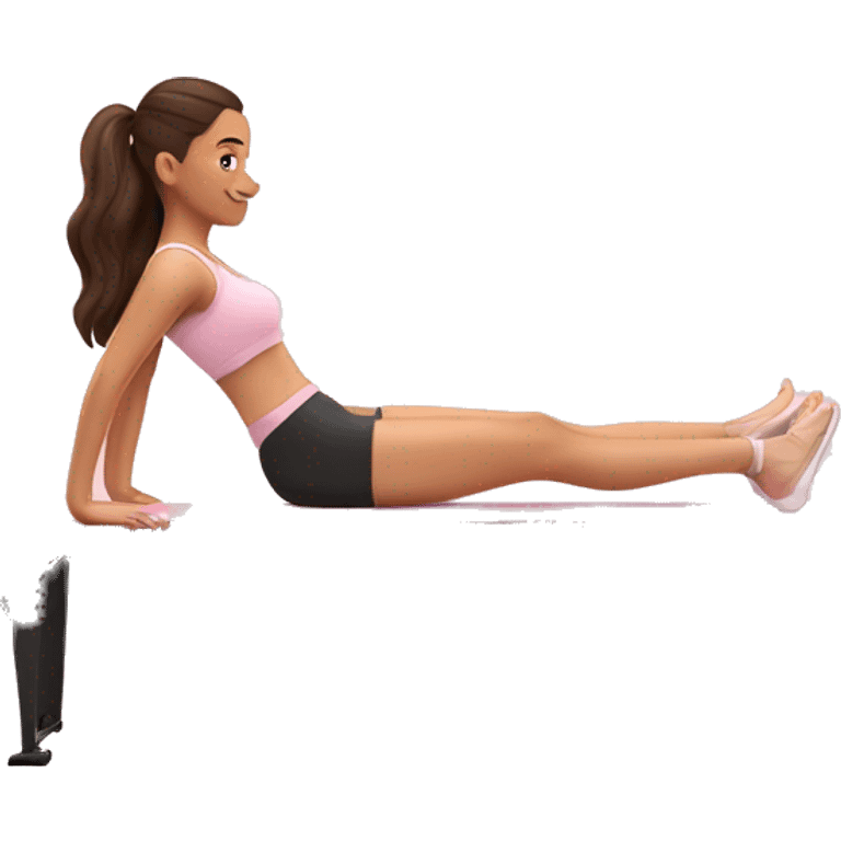 Brunette girl doing Pilates on a light pink Pilates reformer  emoji