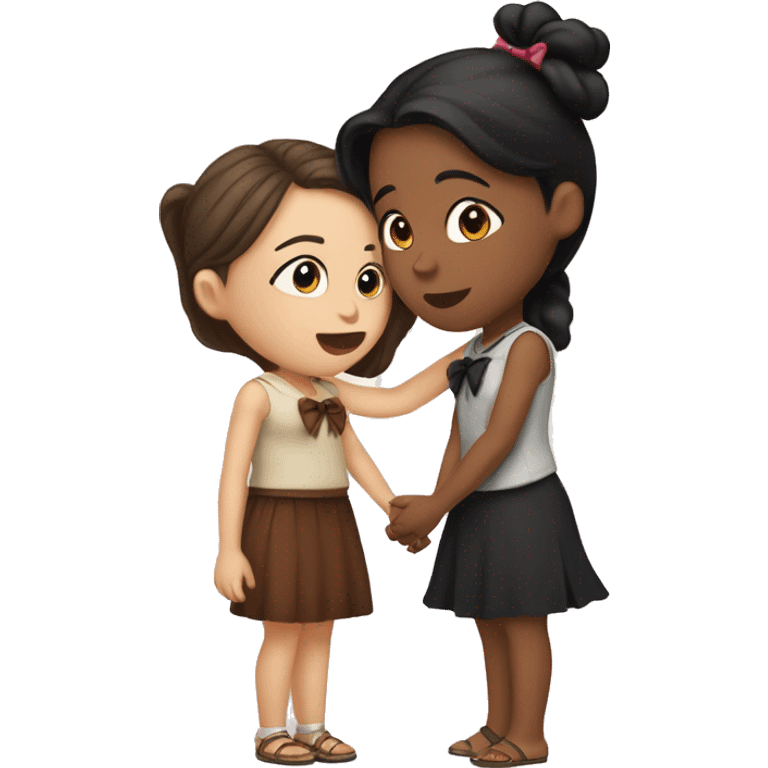 Two girls kissing one , is Indian skinned with black hair and a bow the other girl is white skinned with brown hair and a bow emoji