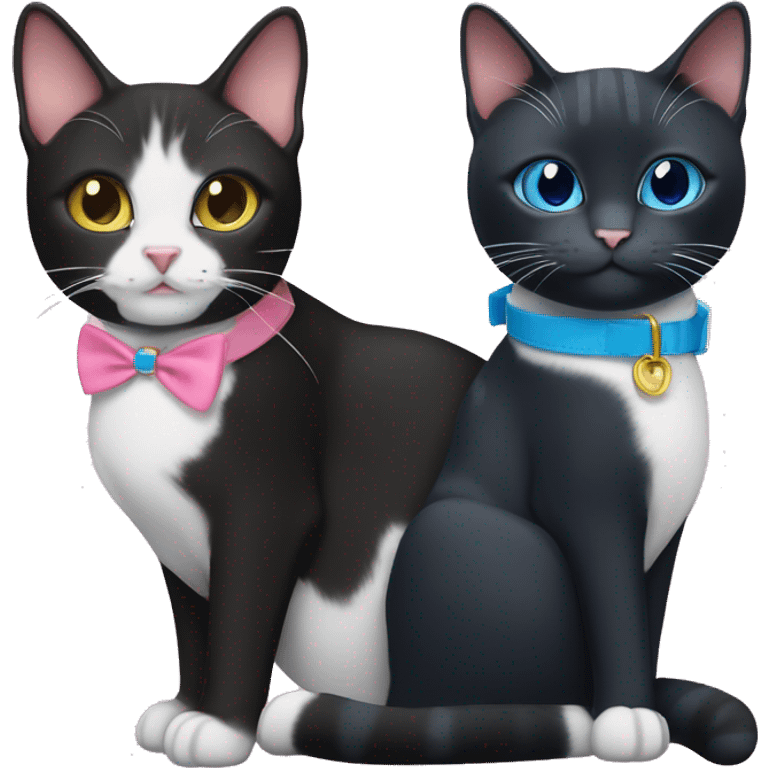 Black tuxedo cat with blue collar and tabby cat with pink collar emoji