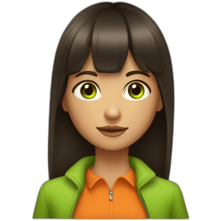 a young girl with slightly tanned skin.  straight bangs and dark hair.  she has bright green eyes and an orange coat emoji