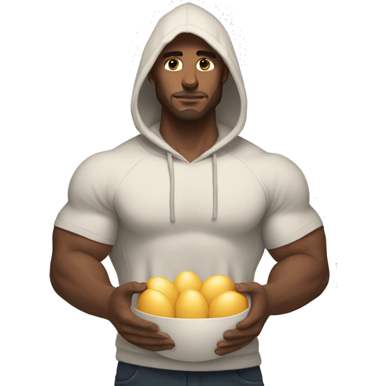 Buff white man with hoodie and dark brown hair holding a ton of eggs emoji