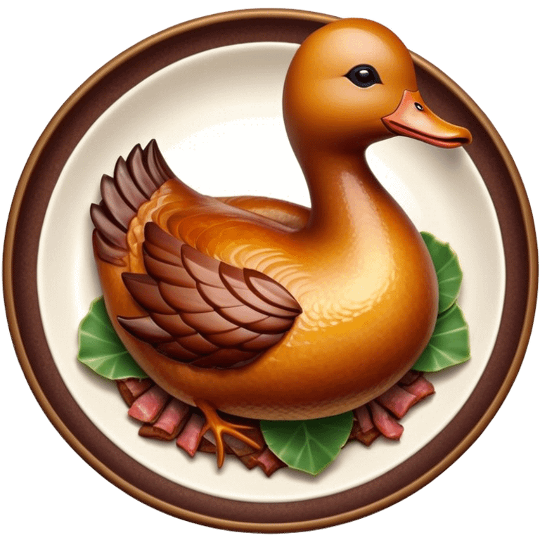 Cinematic Realistic Peking Duck Dish Emoji, depicted with crispy, roasted duck with glistening skin and succulent meat, rendered with rich textures and dramatic, appetizing lighting. emoji