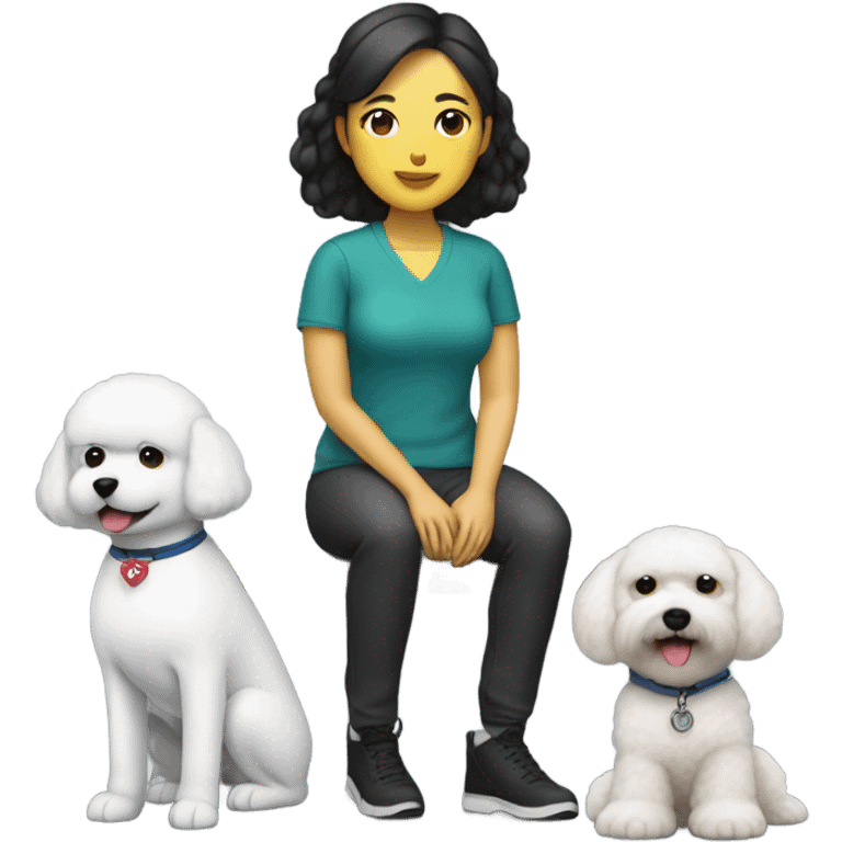 An Asian woman seated next to a service dog bichon emoji