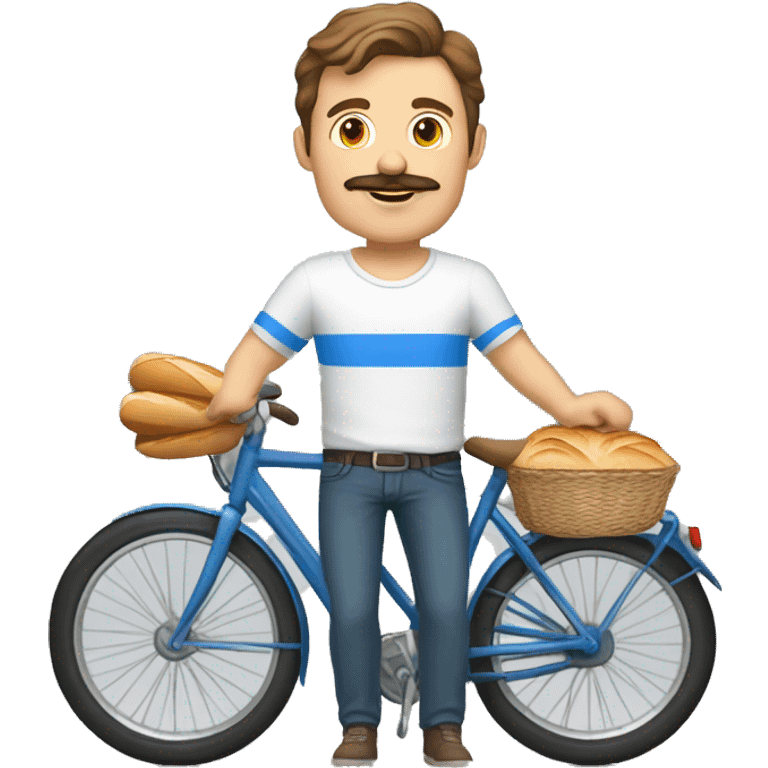 white parisian white man with brown hair a moustache and wearing a white t-shirt with blue stripes, on a bike, wearing a red scarf and holding a baguette emoji