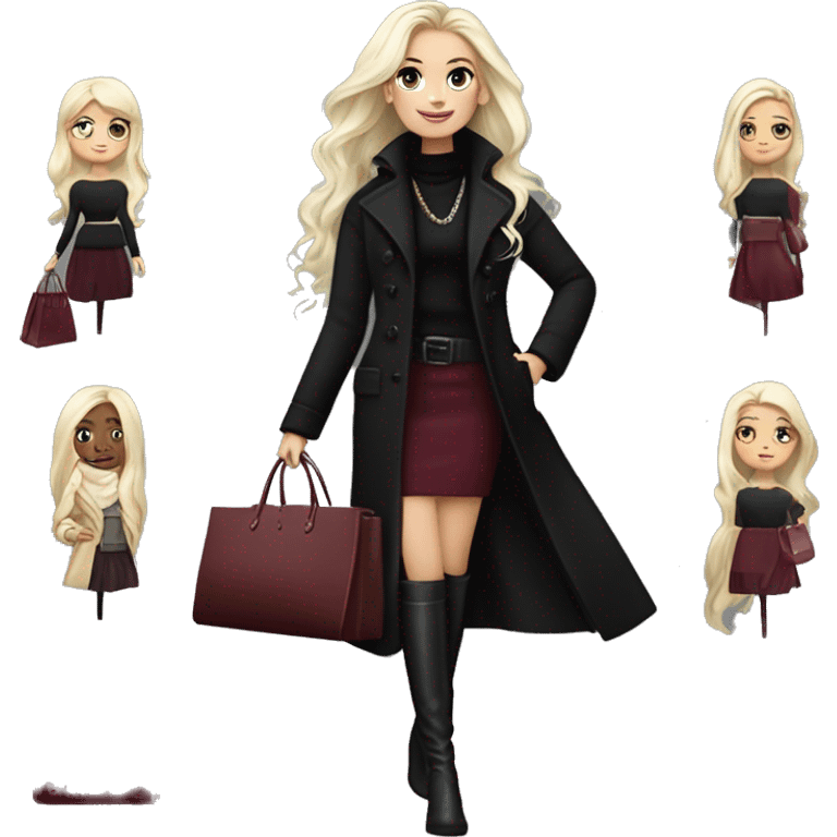 Platinum blonde girl with long hair, made up, wears very long black coat, black knee high boots. Burgundy coloured skirt & black sweater. Burgundy coloured small oval pocket in the left hand & in the right hand shopping bags. Wears a lot of jewellery. emoji