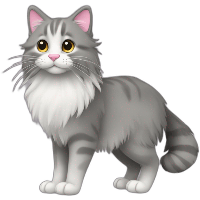 grey norweigian forest cat walking profile long whiskers furry and fluffy including the tail white front and back paws round big eyes a pink nose small ears emoji