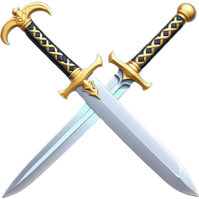 Clash of Clans aesthetic: Cinematic Playful Sword Emoji, rendered in a 3D vector-style similar to standard emojis with minimal shading and bold, simplified shapes. A compact, isometric blade with a gleaming, intricately designed hilt and a razor-sharp edge, softly glowing with a heroic, battle-ready charm. Simplified yet unmistakably iconic, highly detailed and consistent, glowing with a soft radiant brilliance and high shine. Stylized with a touch of medieval finesse and a soft glowing outline, capturing the essence of a legendary sword with a friendly, playful vibe! emoji