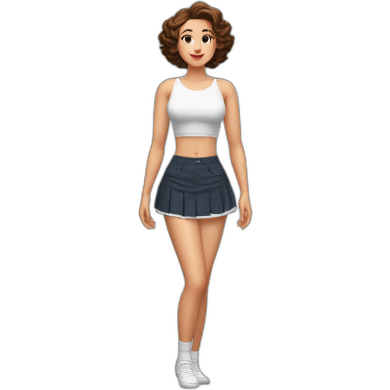 full-body-caucasian-curvy-beauty-касается руками пола-short-black-skirt-back-and-front-views-strong-wind-knickers-long-white-socks emoji