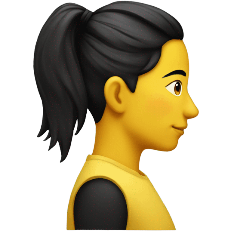 Yellow emoji side profile with pointy nose, a black ponytail, and a vlack dot on the side of the face  emoji