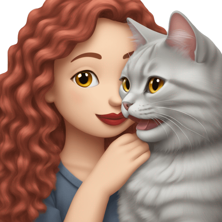 British shorthair grey cat kissing red wavy long hair white woman emoji