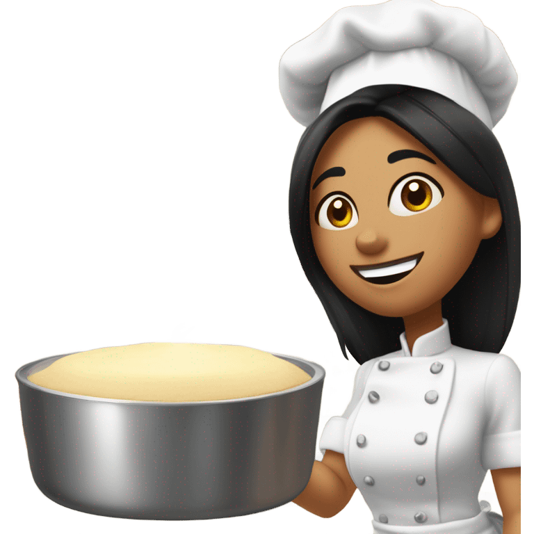 White woman with straight black hair cooking a soufflé while teaching a graduate class on her birthday emoji