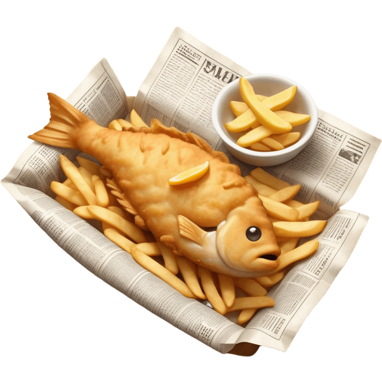 Fish and Chips Cinematic Realistic Fish and Chips Dish Emoji, depicted as a crispy battered fish fillet and golden chips served in traditional newspaper wrapping, rendered with lifelike textures and warm natural lighting that captures its iconic British street food charm  . emoji