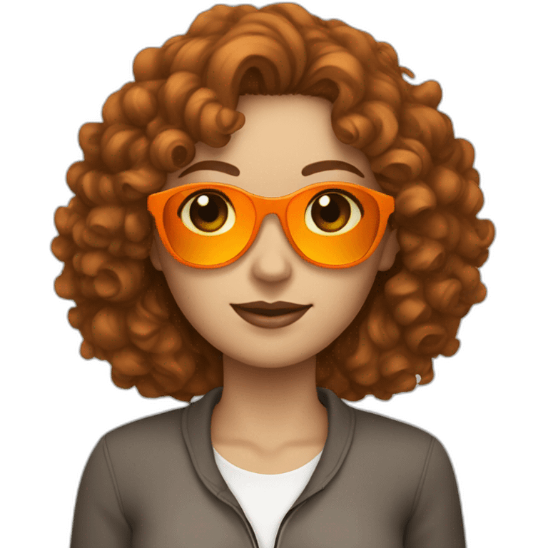 a curly brown hair white woman with sunglasses and a orange trucksuit  emoji