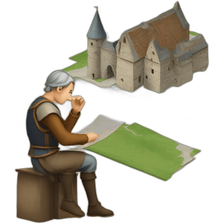 medieval architect in action, thinking over a map of a building emoji