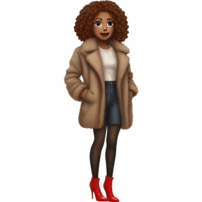 A woman wearing fishnet tights, red heels, and a fuzzy coat. She looks raggedy, and not out together  emoji