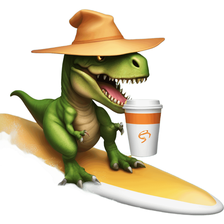 t-rex on a surf board wearing a witches hat holding a coffee emoji