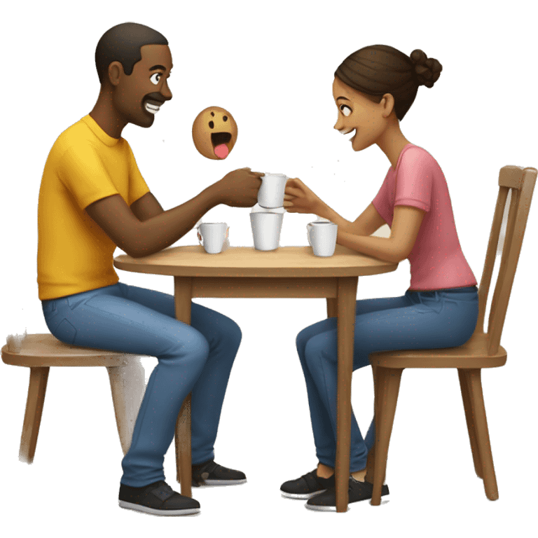 An emoji of a family—mother, father, and child—sitting at a table, playing a cup game with paper cups arranged on the table as they have fun together emoji