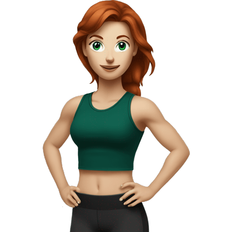 Dark Redhead fitness girl with blue eyes in dark green top with coffee emoji