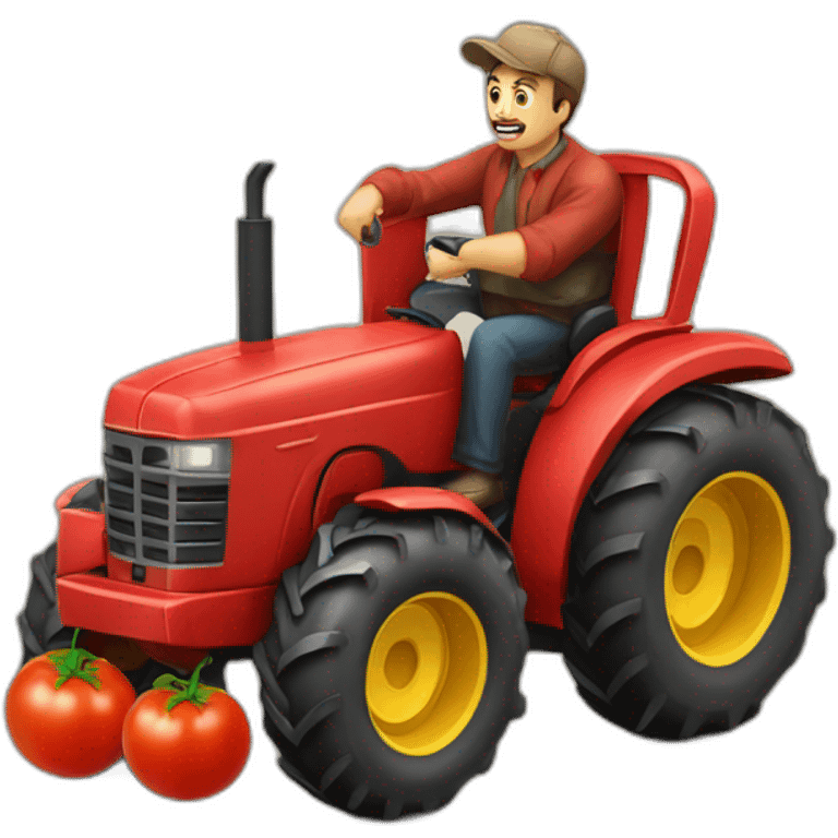 Hombre subido en un tractor con tomates emoji