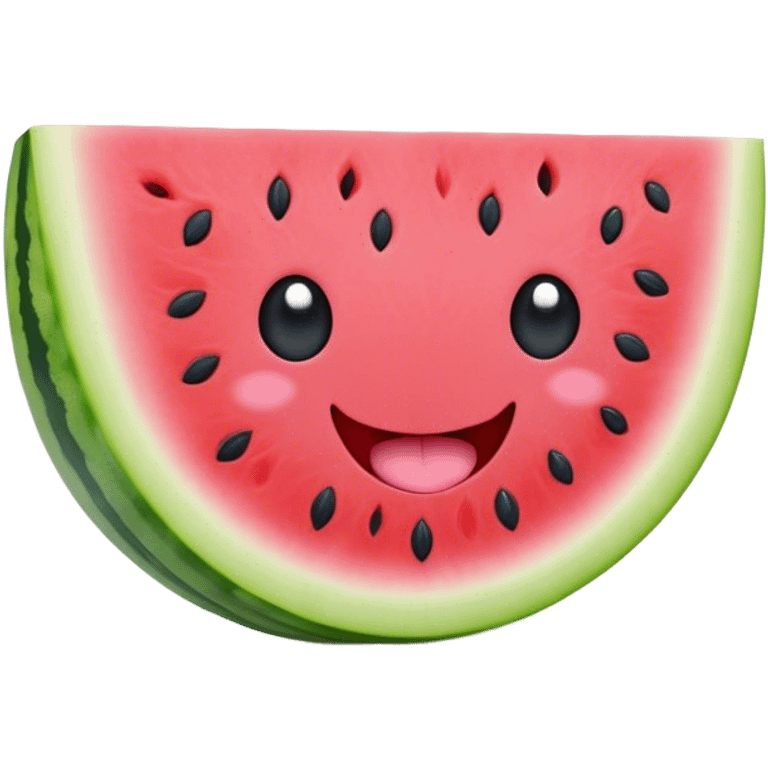 Cute Kawaii Watermelon Slice, juicy and vibrant, soft pastel green rind with pink flesh, tiny black seeds shaped like hearts, an adorable happy face with cute round eyes, bursting with summer energy! emoji