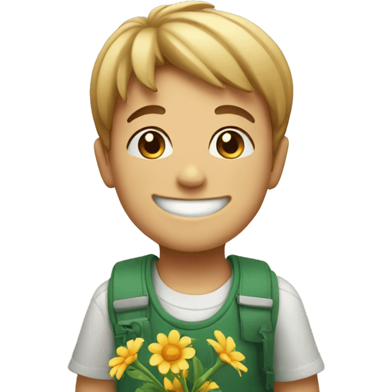 smiling boy with flower emoji