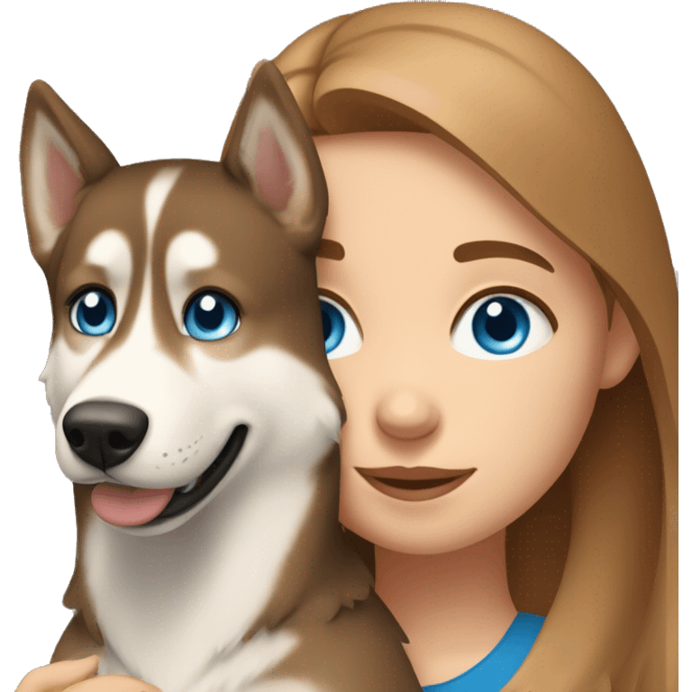 a girl with blue eyes and light-brown hair hugs a husky dog ​​with brown eyes emoji