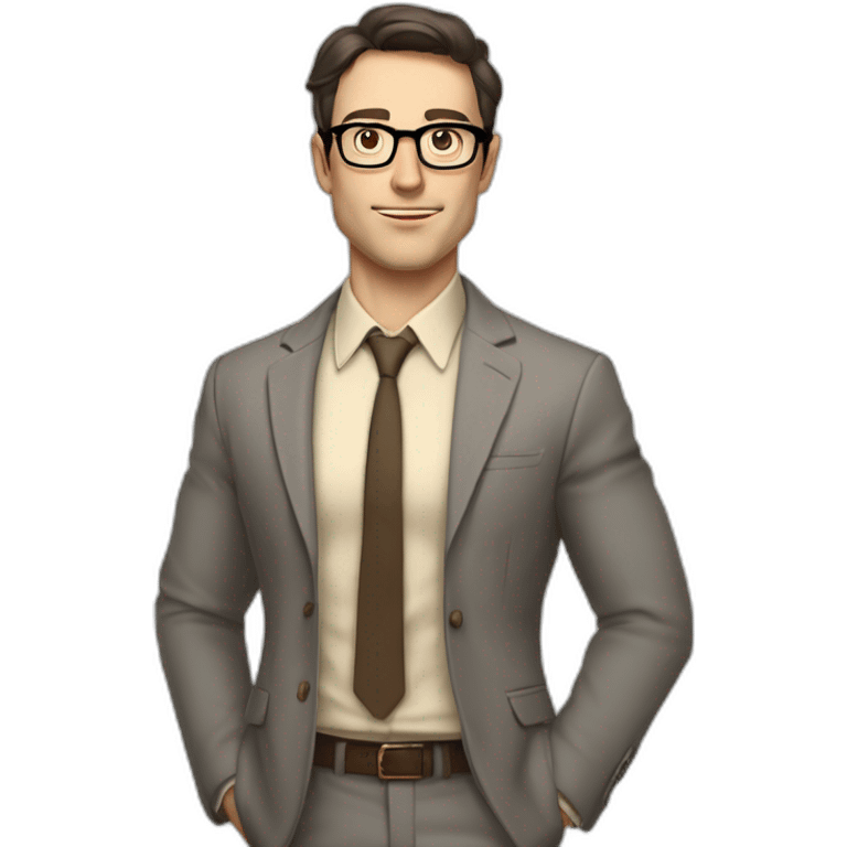 Full height Pale skinned Fit Man With dark brown hair in gray jacket, beige office shirt, tie, Brown pants and vintage glasses. Thrumbs of his palms directed up emoji