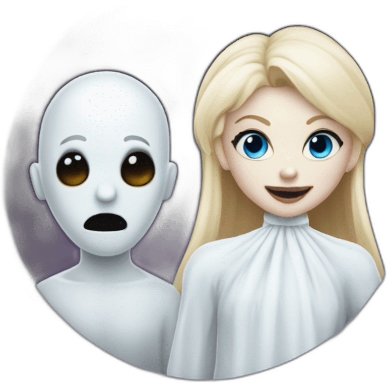 a blondie girl dressed as a ghost and a bald guy dressed as a ghost going to a party emoji