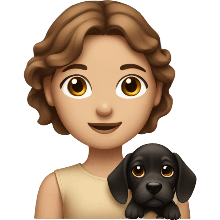 Girl with brown hair holding a tan puppy with black snout  emoji