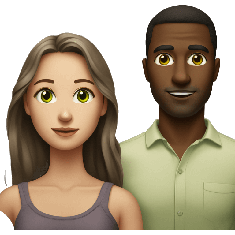 realistic portrait of a couple, the girl with green eyes, the man with brown skin emoji