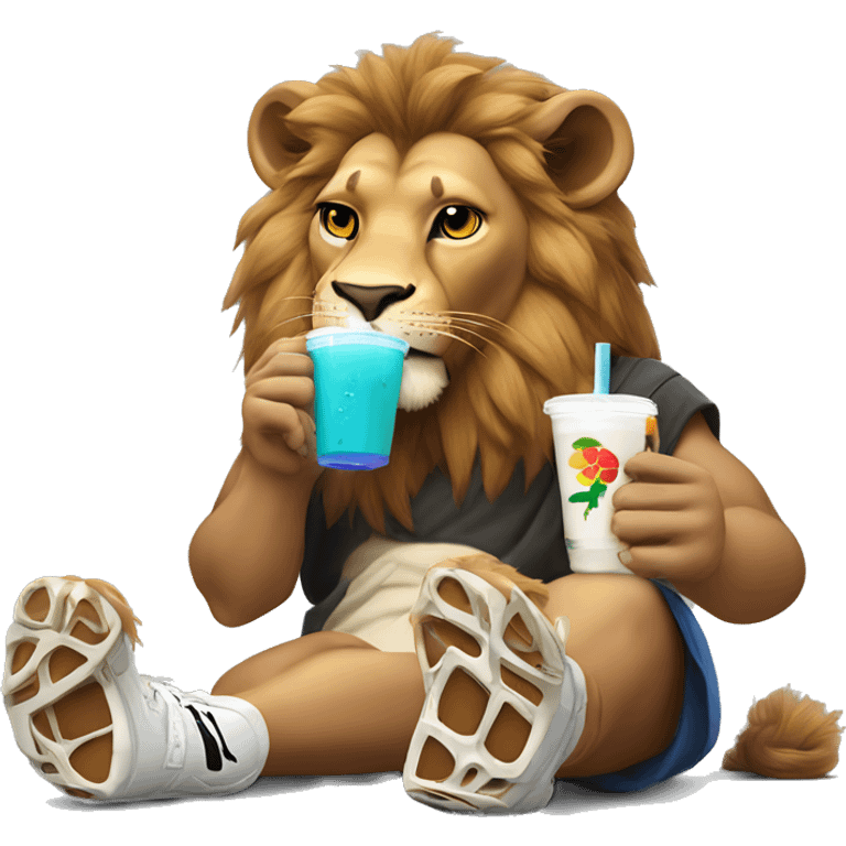 Lion drinking boba tea wearing a Nike tech and jordans  emoji