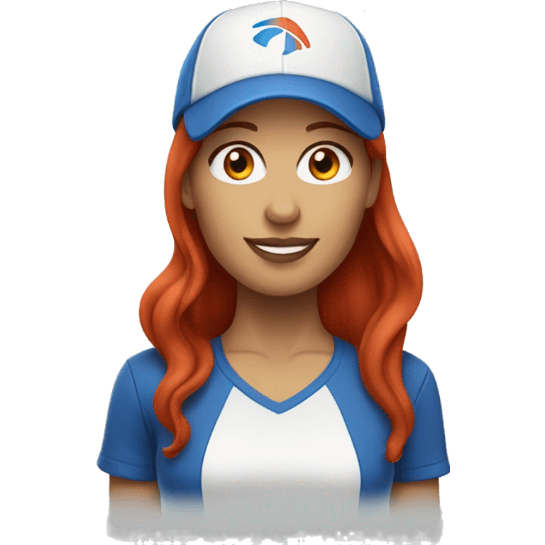 front facing standing female coach with long red hair, wearing a white t-shirt and a simple blue hat emoji