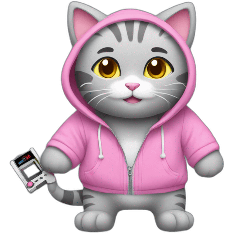 Cute gray stuffed cat playing with Nintendo Switch. This cat has a pink hoodie emoji